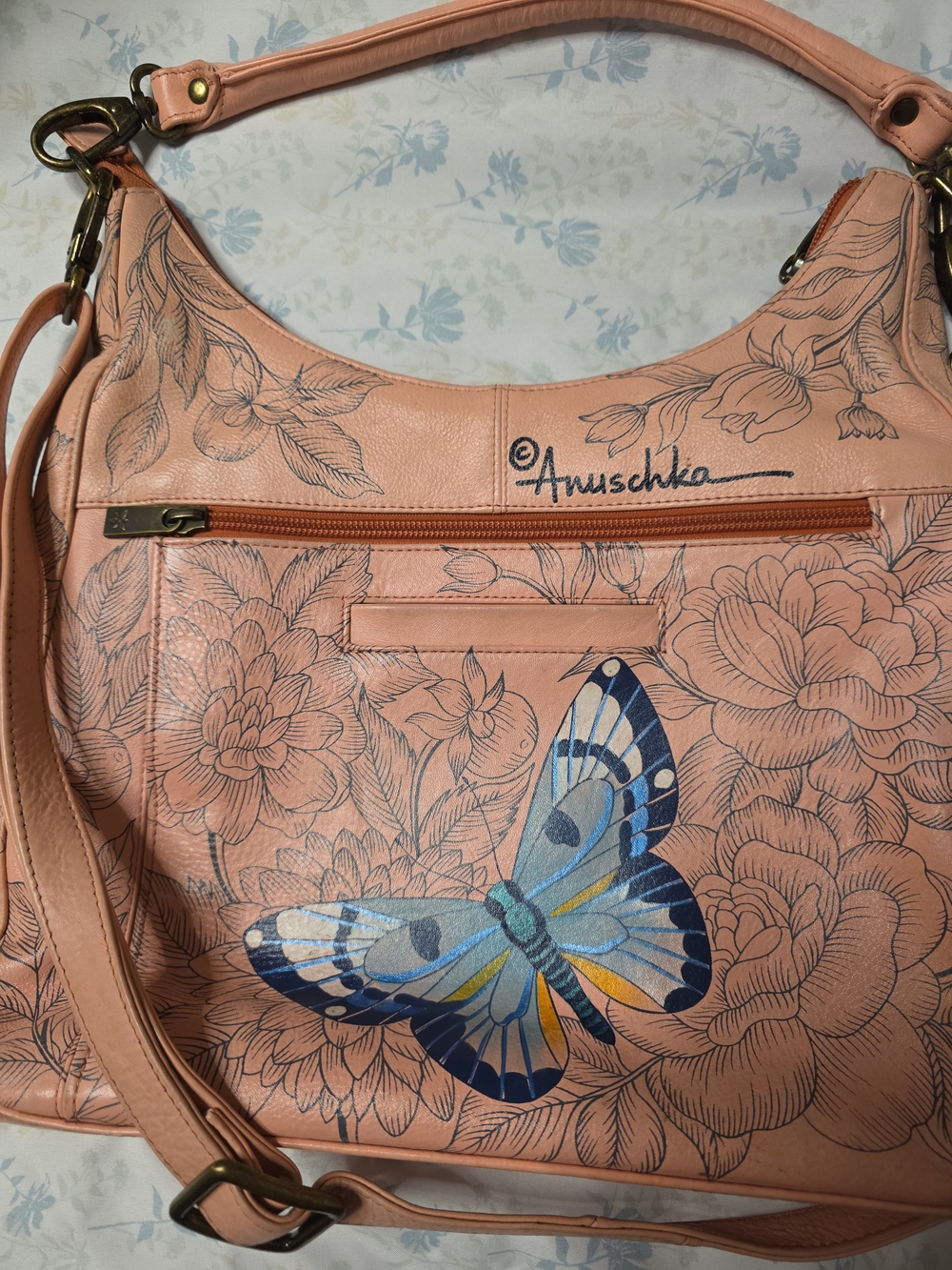 Anuschka Peach Butterfly-Hand Painted Leather Shoulder Bag W/O Coin Purse